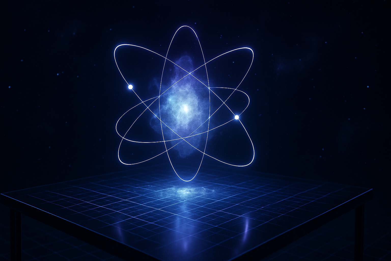 Illustrated quantum physics laboratory with an atom and wave function